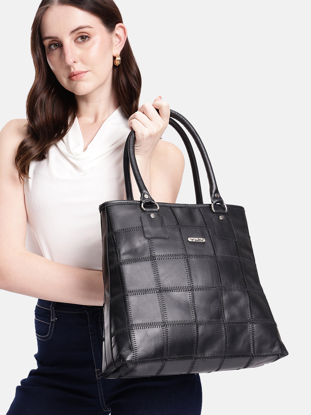 Women Black Leather Tote Bag with Patchwork Design and Spacious Interior