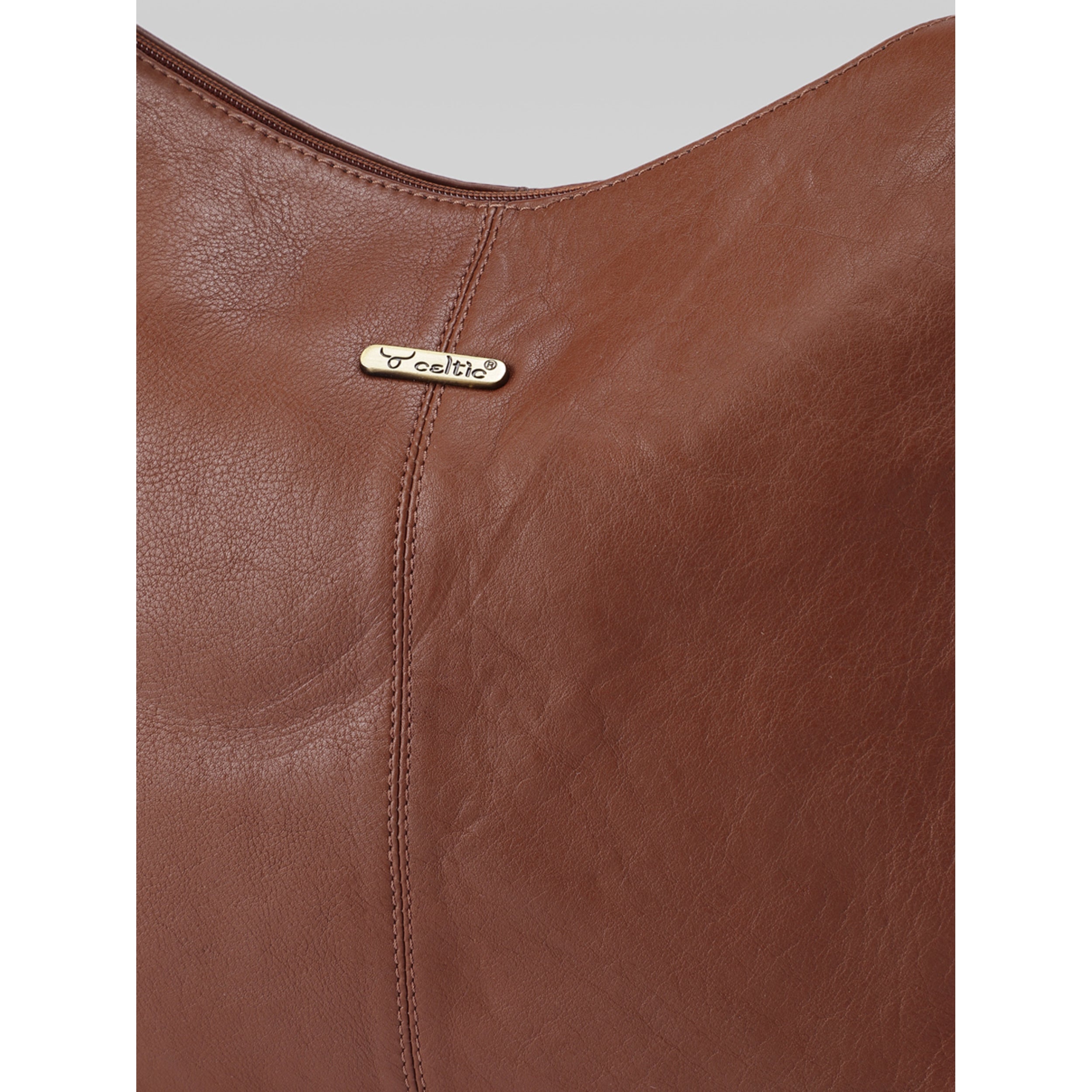 Premium Genuine Leather Hobo Shoulder Bag with Zippered Pockets & Fixed Strap