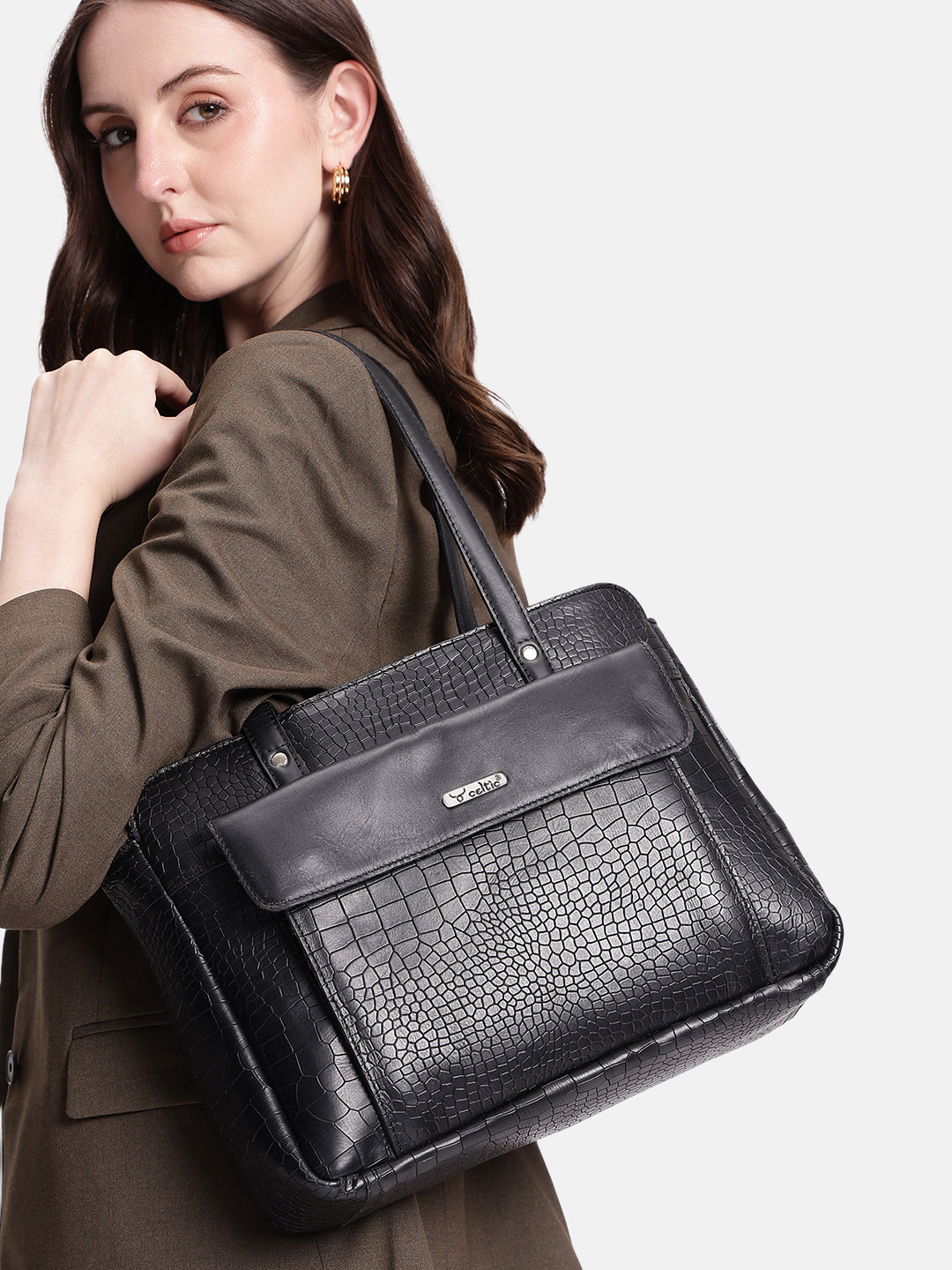 Premium Genuine Croc-Embossed Leather Tote Bag with Zip Compartments & Long Shoulder Straps