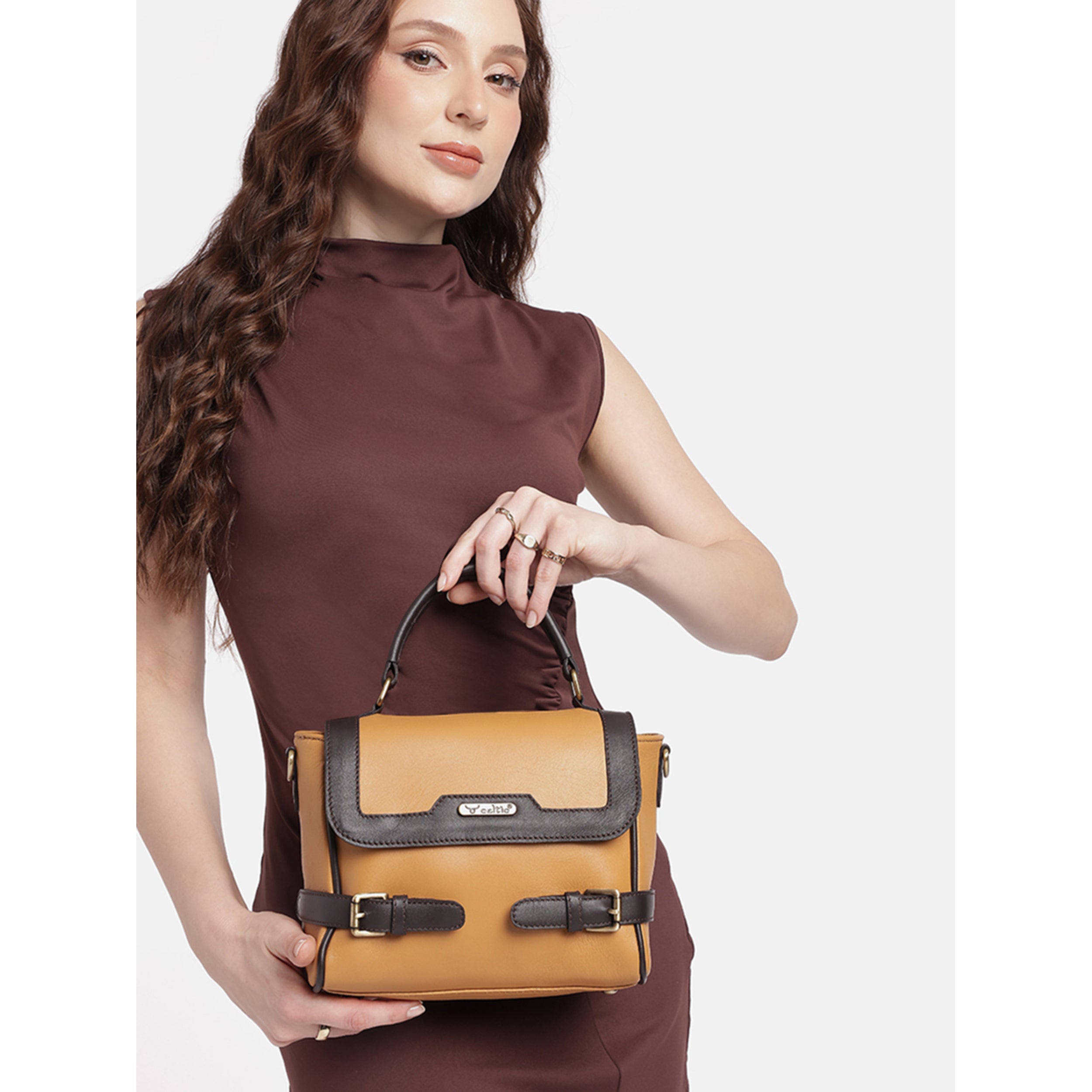 Premium Genuine Brown Leather Top Handle Handbag with Adjustable Strap