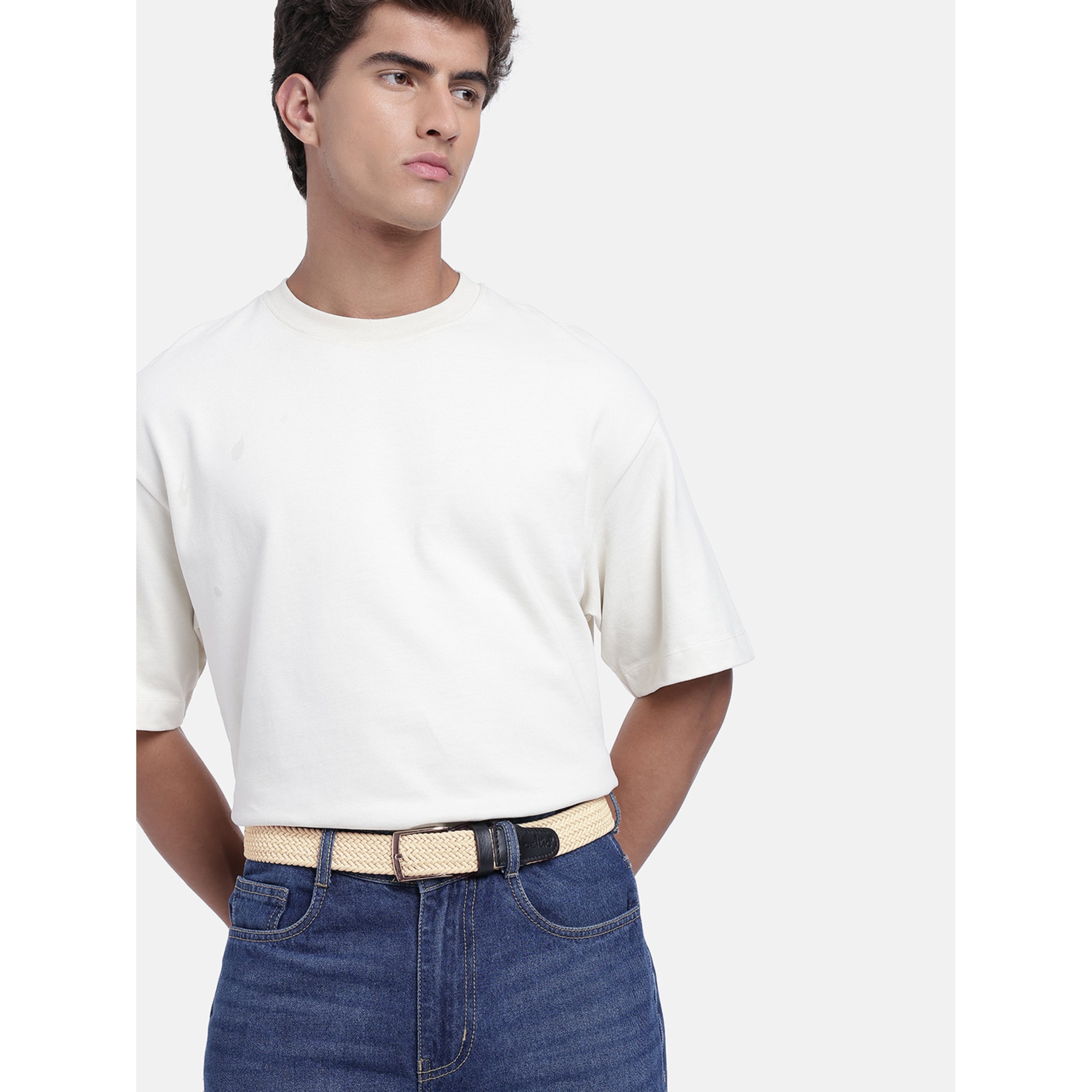Unisex Woven Beige Belt With Black Leather Tip Silver Buckle Casual Formal Wear