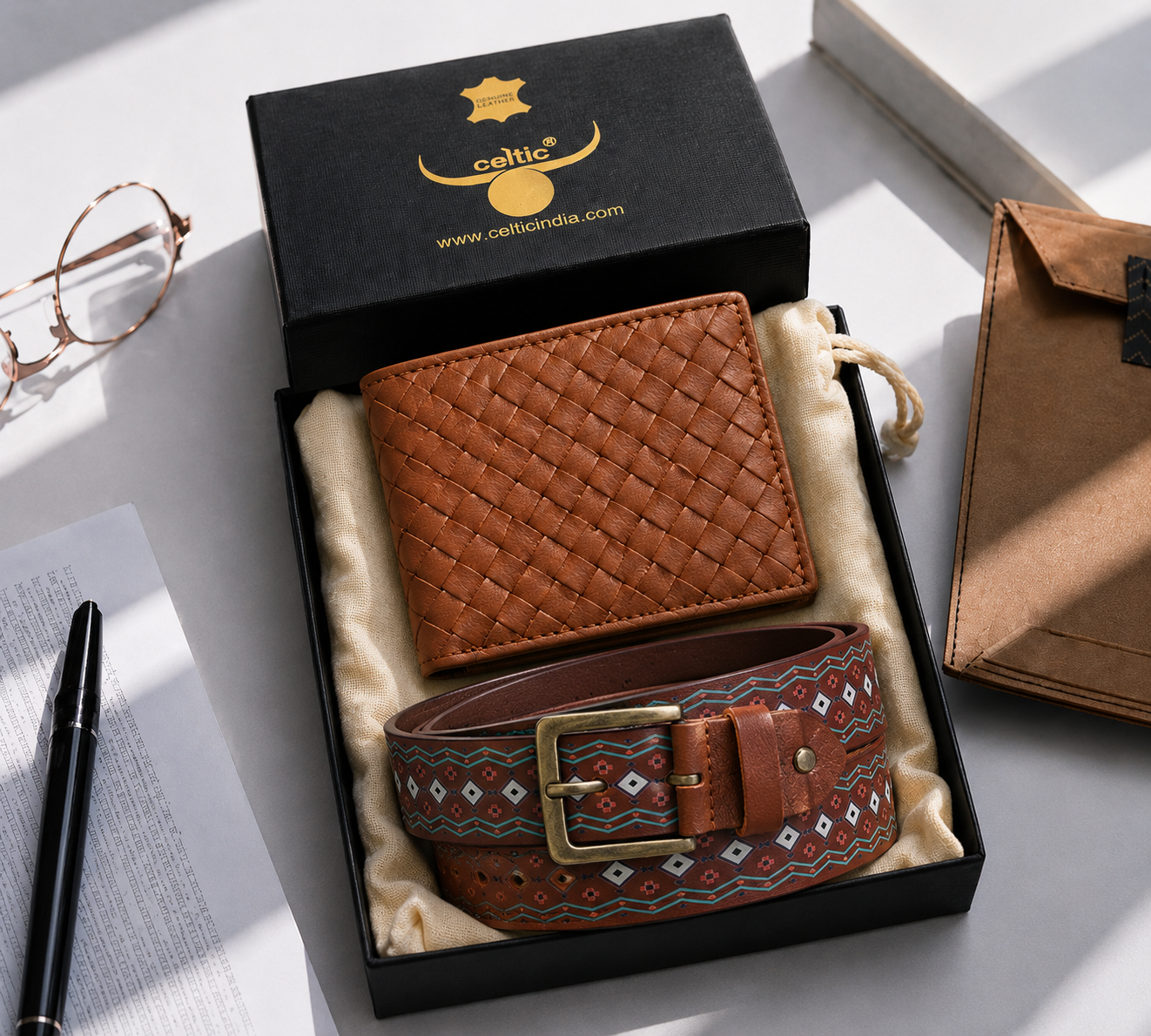 Premium Printed Tan Leather Belt & Woven Wallet Combo for Men | Ethnic Designer Casual Gift Set