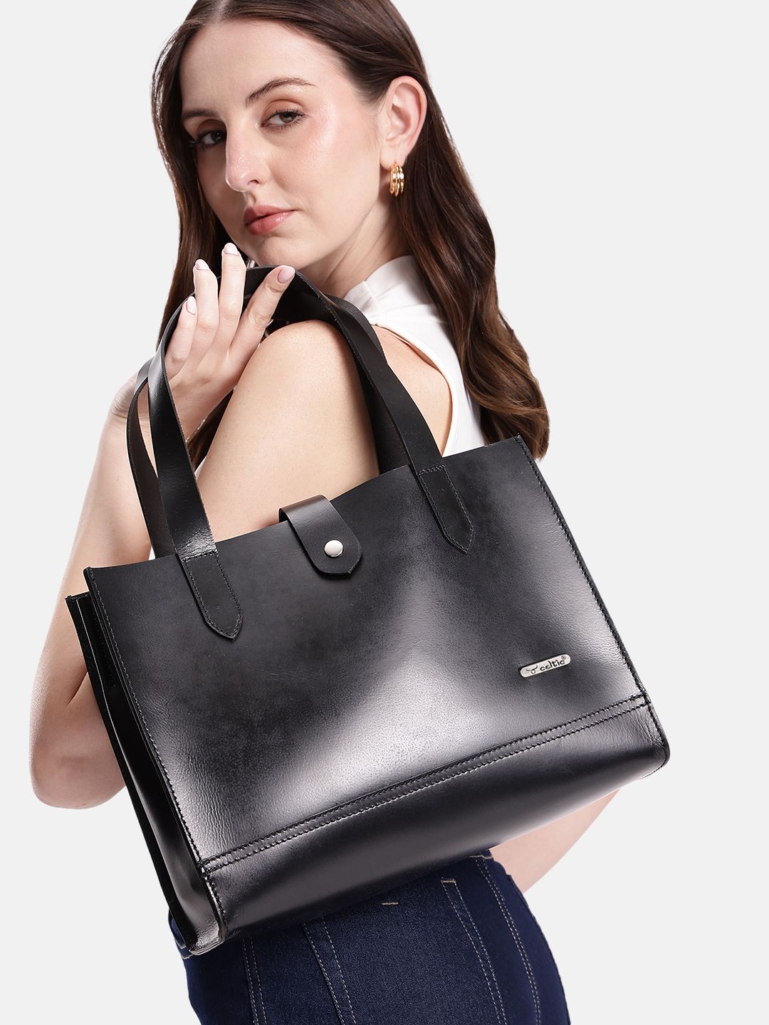 Premium Genuine Leather Structured Shopper Tote with Dual Compartments & Snap Closure