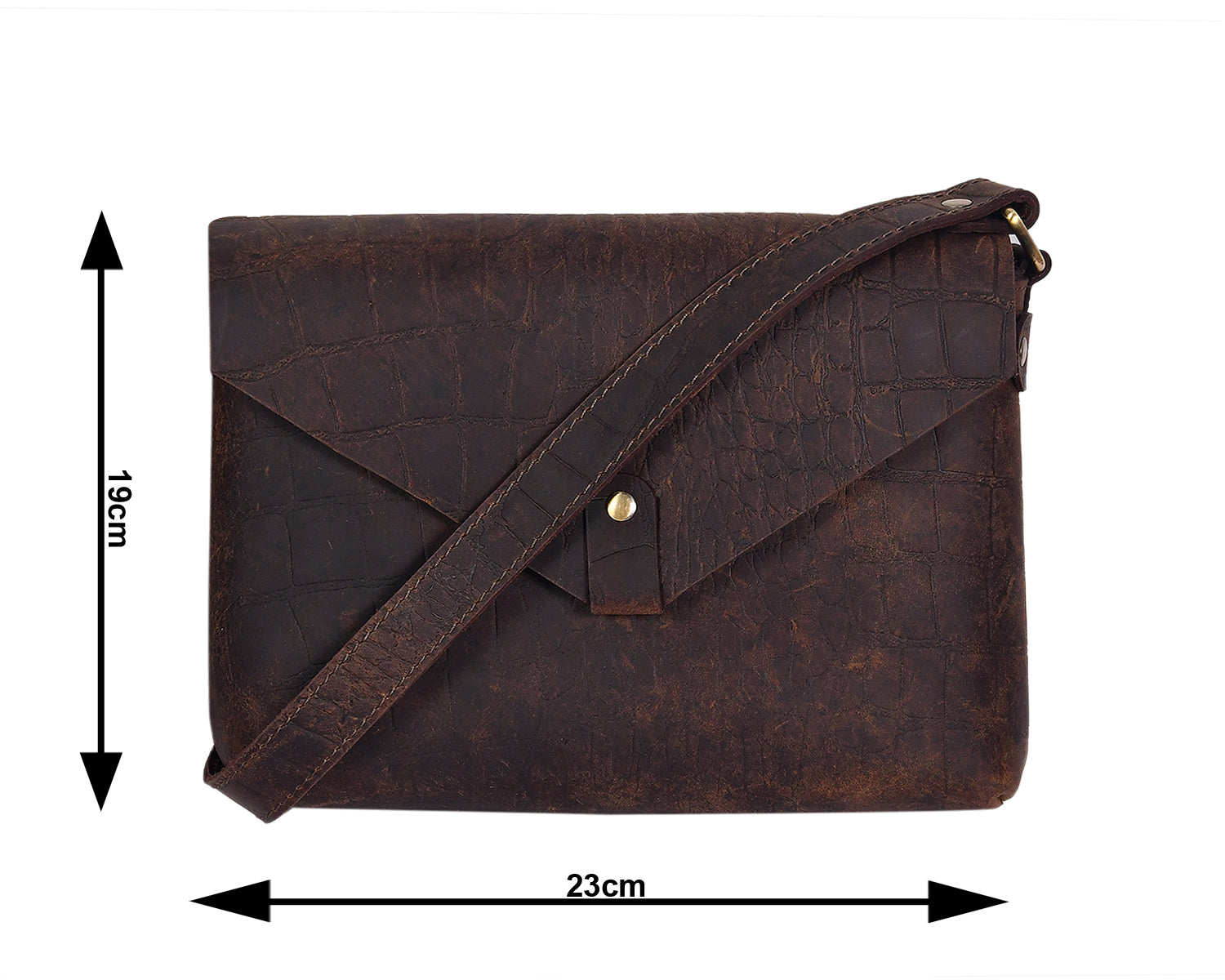 Vintage Croc-Textured Brown Leather Crossbody Sling Bag