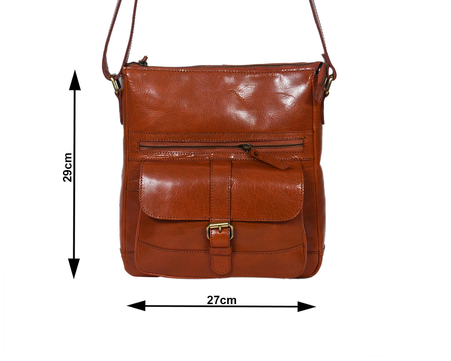 Slim Genuine Leather Crossbody Bag with Buckle Pocket & Multiple Compartments